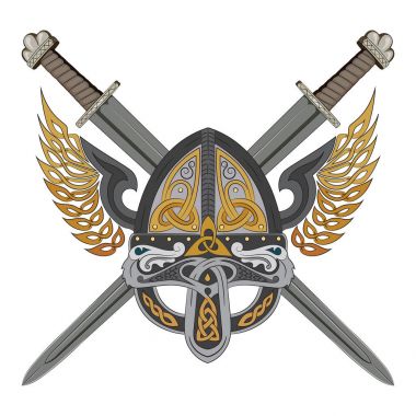 Viking iki çapraz kılıç ve İskandinav desen kask kanatlı