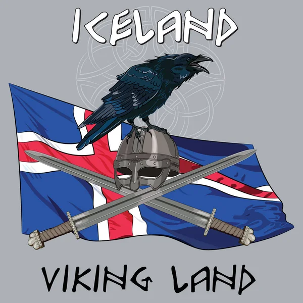 Schwarze Krähe sitzt auf einem Wikingerhelm, gekreuzte Schwerter auf dem Hintergrund der isländischen Fahne — Stockvektor
