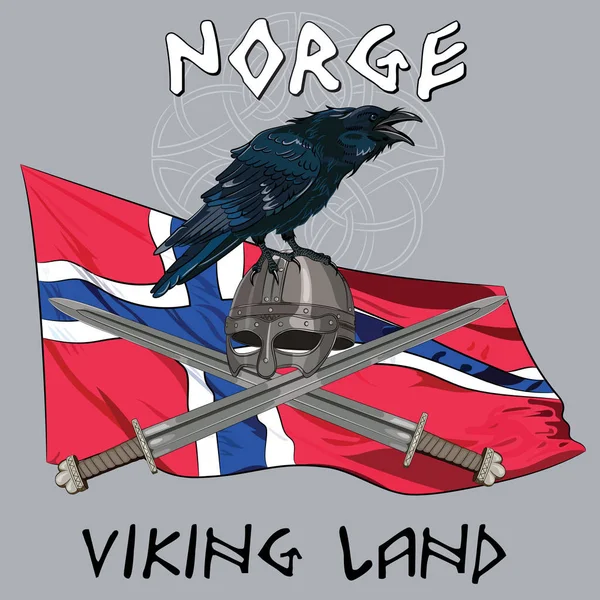 Schwarze Krähe sitzt auf einem Wikingerhelm, gekreuzte Schwerter auf dem Hintergrund der norwegischen Fahne — Stockvektor