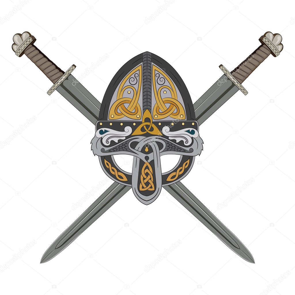 Viking helmet with two crossed swords and Scandinavian pattern