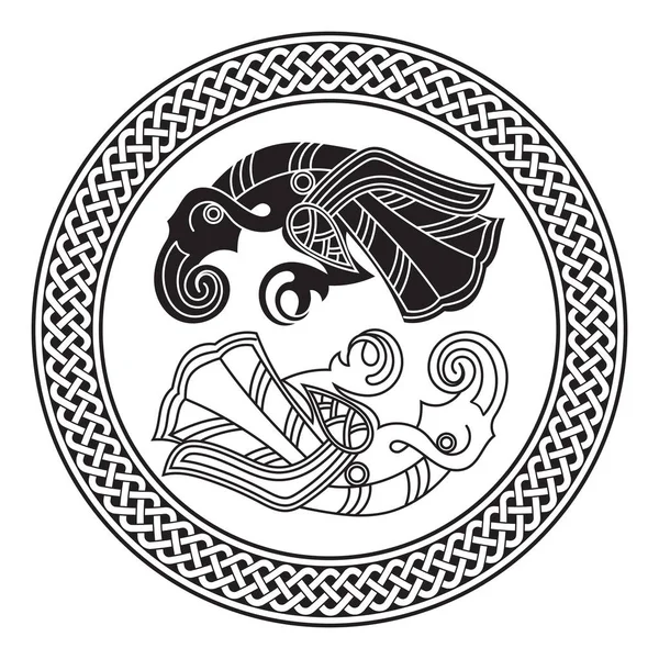 Two Ravens Of The God Odin In Scandinavian Style (en inglés). Huginn y Muninn — Archivo Imágenes Vectoriales