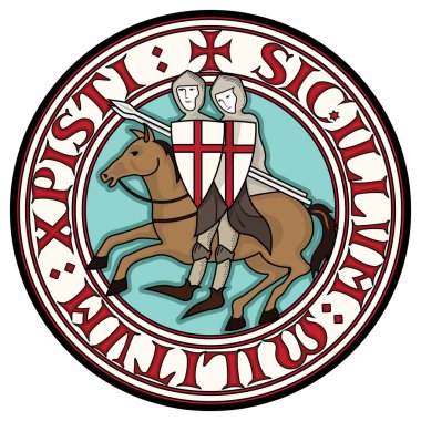 Knight Tapınakçılar iz. İki Haçlı Şövalyeleri'nin sloganı metinden bir daire içinde spears ile sırtında Karahan