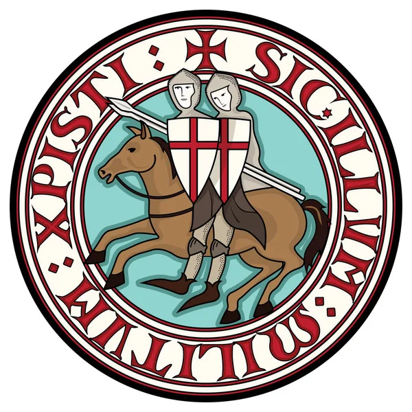 Segno dei Templari cavallereschi. Due cavalieri crociati a cavallo con le lance, in cerchio dal testo dello slogan dei cavalieri templari — Vettoriale Stock