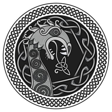 İskandinav tasarım. Viking gemisi Drakkar bir ejderha ve İskandinav bükülmüş deseni şeklinde burun şekil