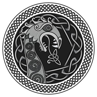 Scandinavian design. The nasal figure of the Viking ship Drakkar in the form of a dragon, and the Scandinavian twisted pattern clipart