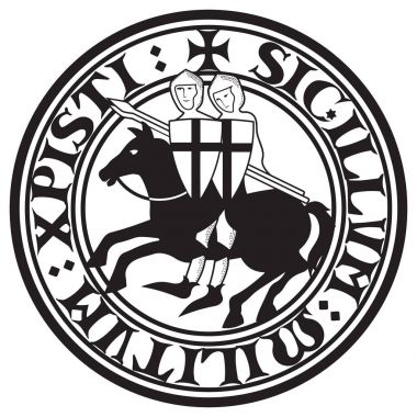 Knight Tapınakçılar iz. İki Haçlı Şövalyeleri'nin sloganı metinden bir daire içinde spears ile sırtında Karahan