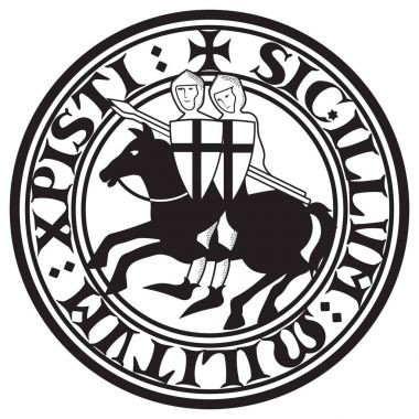 Sign Of The Knight Templars. Two knight Crusader on horseback with spears, in a circle from the text of the slogan of the knights Templar clipart