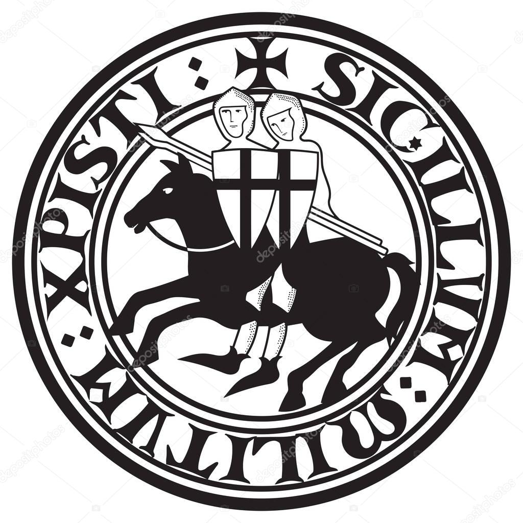 Sign Of The Knight Templars. Two knight Crusader on horseback with spears, in a circle from the text of the slogan of the knights Templar