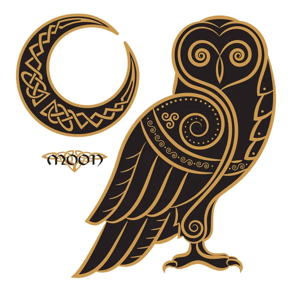 Uil handgetekende in Keltische styl, op de achtergrond van de Keltische maan ornament — Stockvector