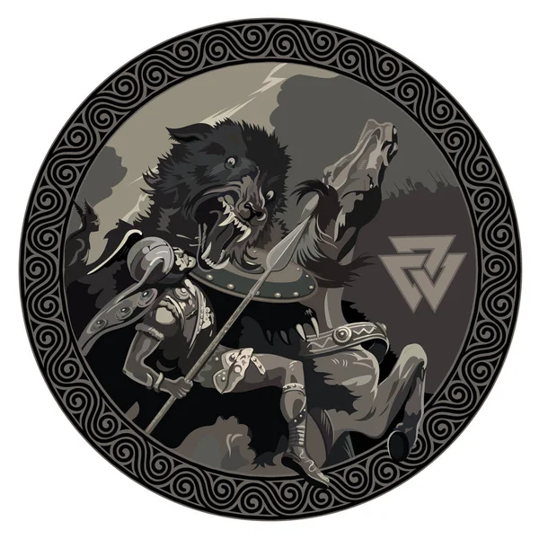 Batalla del dios Odín con el lobo Fenrir. Ilustración de la mitología nórdica — Archivo Imágenes Vectoriales