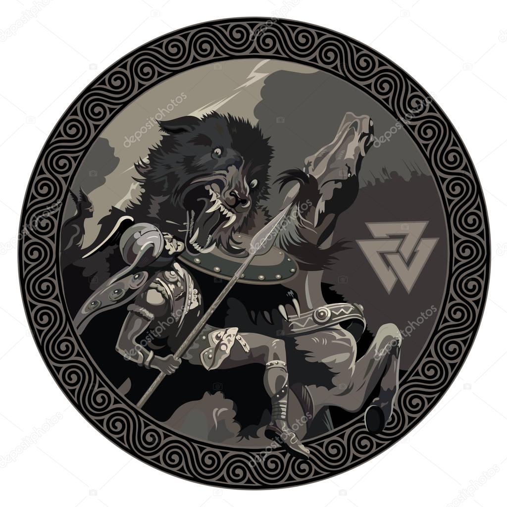 Battle of the God Odin with the wolf Fenrir. Illustration of Norse mythology