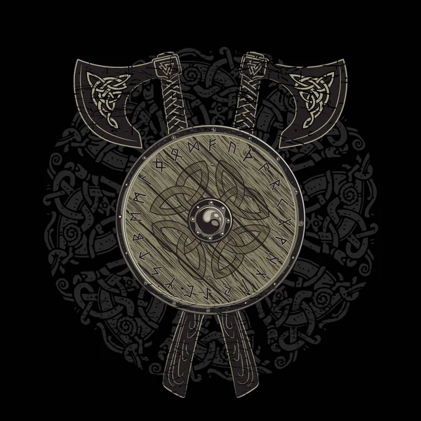 Design viking, haches de combat viking croisées et bouclier d'un Viking avec les runes scandinaves — Image vectorielle