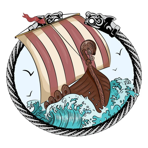 Drakkar sailing on the storm sea in the frame of the Scandinavi — стоковый вектор