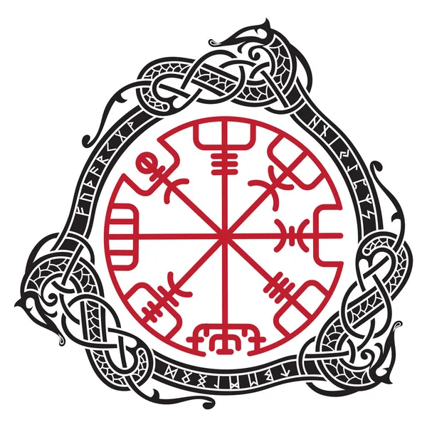 Viking design. Mágikus rúna iránytű Vegvisir, a kör a skandináv rúnák és sárkányok — Stock Vector