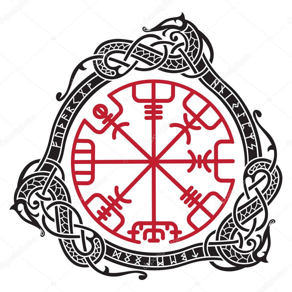 Viking design. Magical runic compass Vegvisir, in the circle of Norse runes and dragons, isolated on white, vector illustration