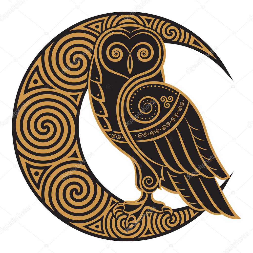 Owl hand-drawn in Celtic style, on the background of the Celtic moon ornament, isolated on white, vector illustration