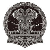 Thorovo kladivo - Mjollnir. Na pozadí třpytivý lightning a skandinávské ornament