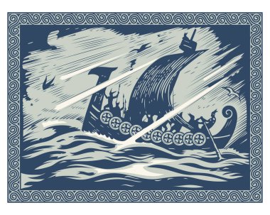Viking tasarımı. Drakkar fırtınalı bir denizde yelken açıyor. İskandinav desenine göre,