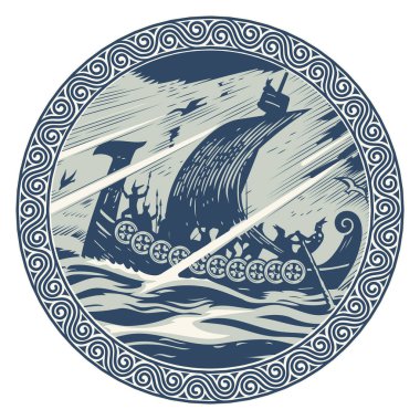 Viking tasarımı. Drakkar fırtınalı bir denizde yelken açıyor. İskandinav desenine göre,