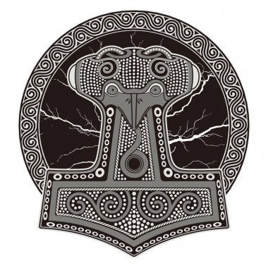 Thor'un çekici - Mjollnir. Işıltılı Yıldırım ve İskandinav süsleme fonunda