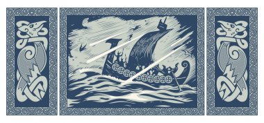 Viking design. Drakkar sailing in a stormy sea. In the frame of the Scandinavian pattern clipart