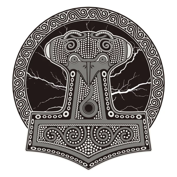 Thor'un çekici - Mjollnir. Işıltılı Yıldırım ve İskandinav süsleme fonunda
