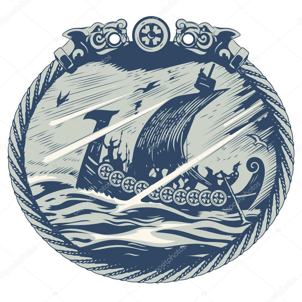 Viking design. Drakkar sailing in a stormy sea. In the frame of the Scandinavian pattern