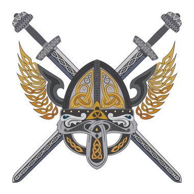 Viking iki çapraz kılıç ve İskandinav desen kask kanatlı