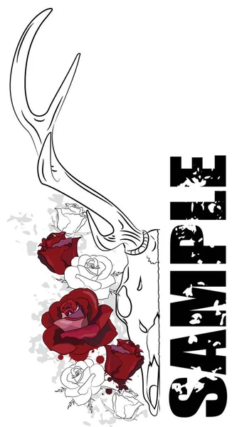 Mawar merah desain dengan tengkorak rusa - Stok Vektor