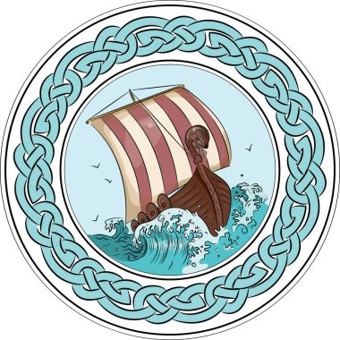 Drakkar sailing on the stormy sea in the frame of the scandinavian wreath clipart