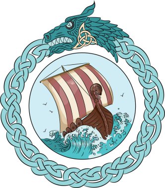 Bir ejderhanın başı İskandinav çelenk çerçeve içinde fırtınalı denizde yelken Drakkar