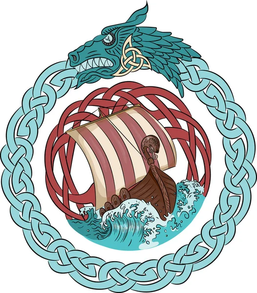 Drakkar navegando no mar tempestuoso no quadro da grinalda escandinava com a cabeça de um dragão — Vetor de Stock