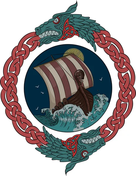 Drakkar naviguant sur la mer orageuse dans la nuit, dans le cadre de la couronne scandinave avec une tête de dragon — Image vectorielle