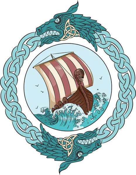 Drakkar navegando en el mar tormentoso en el marco de la corona escandinava con la cabeza de un dragón — Vector de stock