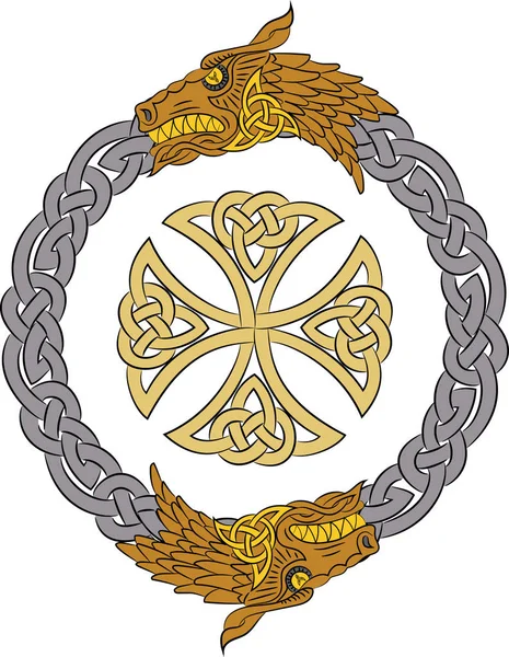 Draghi celtici dorati in ghirlanda d'argento con croce in oro — Vettoriale Stock