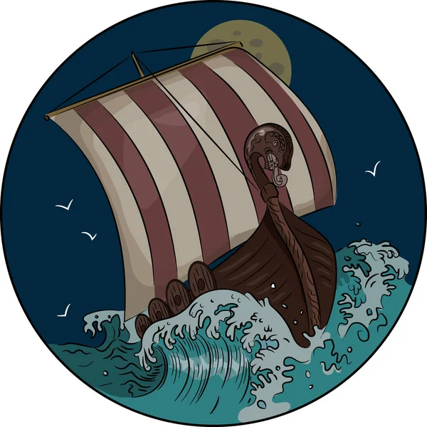 Drakkar navegando en el mar tormentoso en la noche — Vector de stock