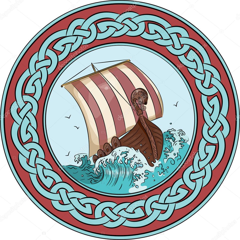 Drakkar sailing on the stormy sea in the frame of the Scandinavian wreath with a dragon's head