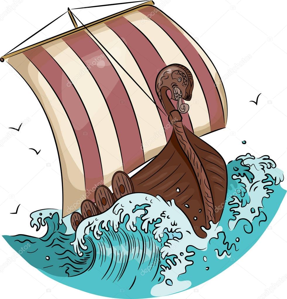 Drakkar sailing on the stormy sea