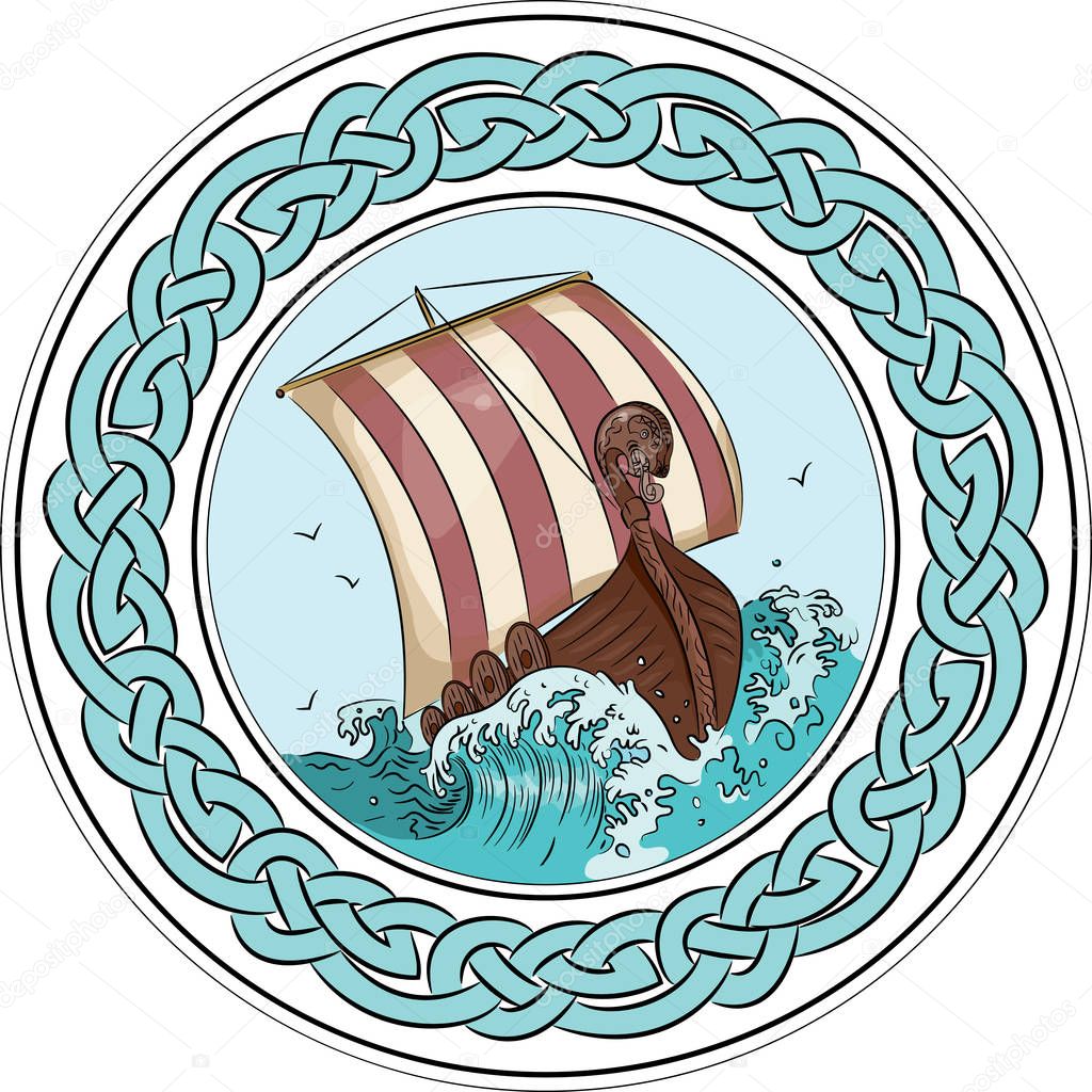 Drakkar sailing on the stormy sea in the frame of the scandinavian wreath