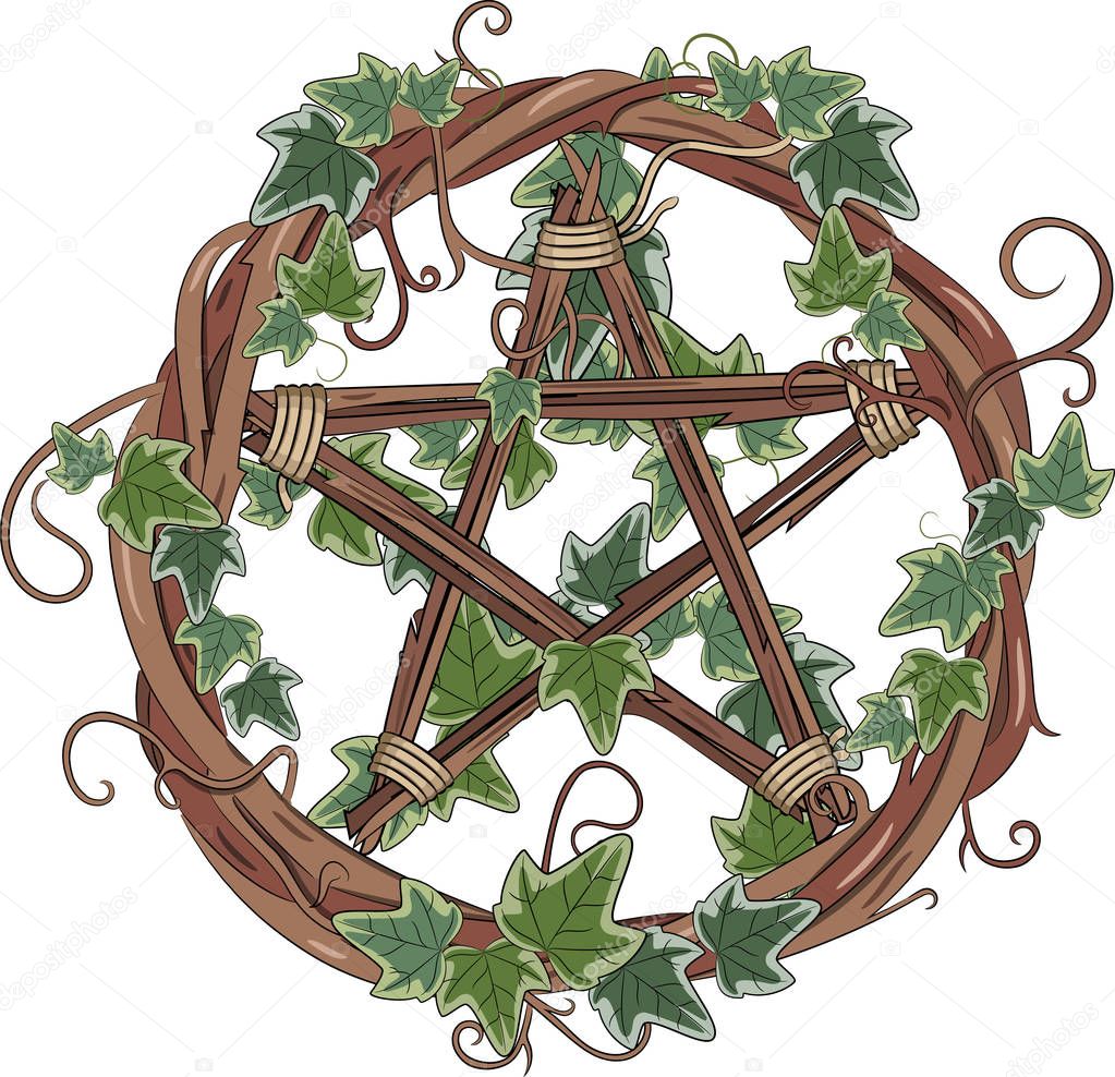 Vine wreath entwined with ivy and pentagram