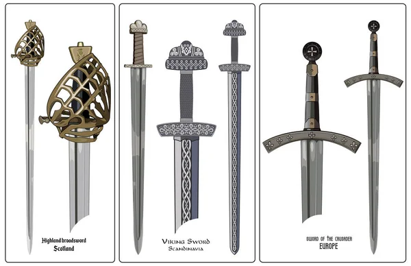 Arma de la antigua Europa - conjunto de espadas. Espada vikinga, espada caballeros cruzados, espada ancha de los montañeses de Escocia . — Vector de stock