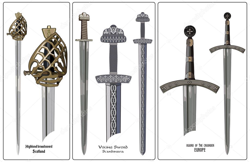 Arma de la antigua Europa - conjunto de espadas. Espada vikinga, espada  caballeros cruzados, espada ancha de los montañeses de Escocia . Vector de  Stock de ©Bourbon-88 165829934