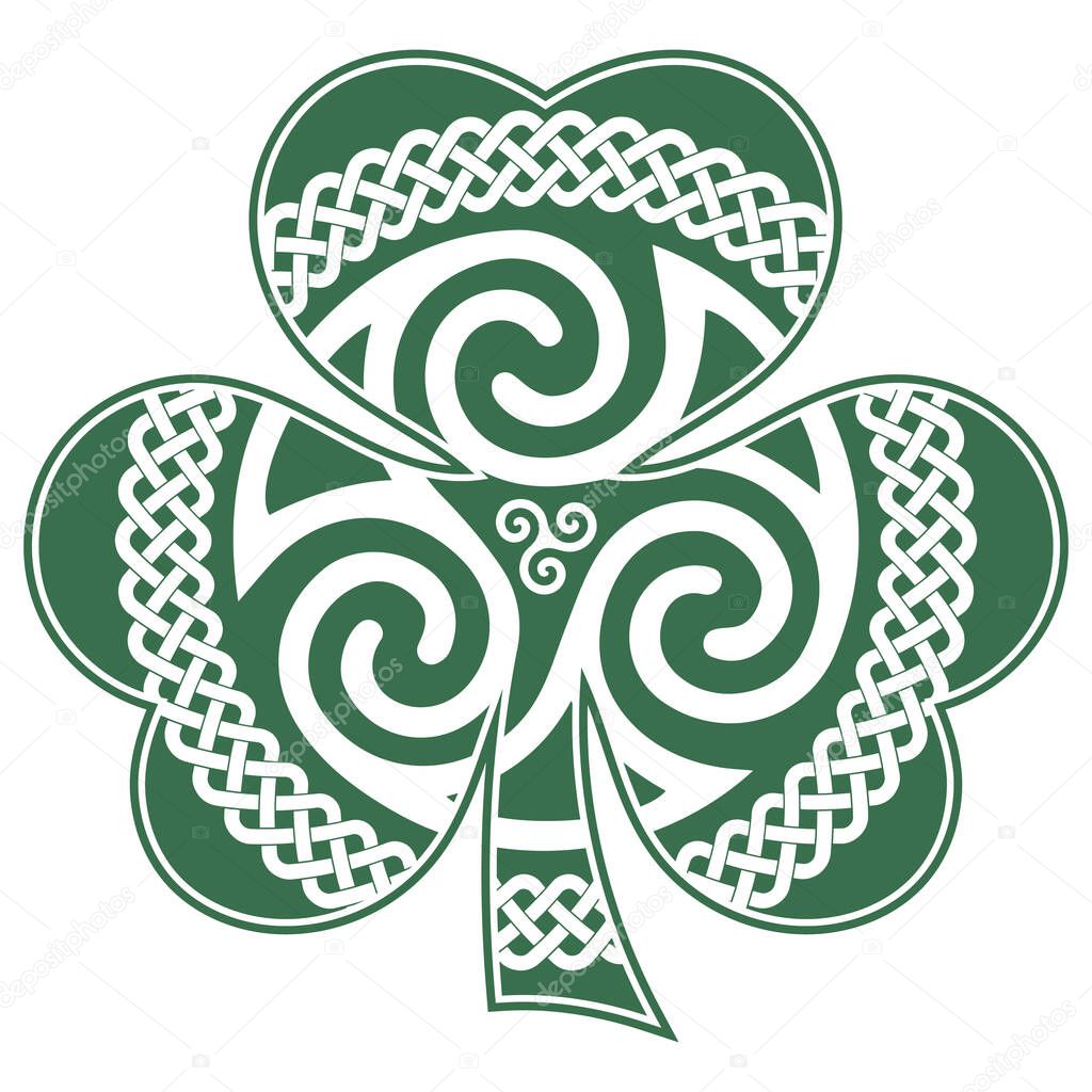 Irish Celtic design in vintage, retro style, Celtic-style clover. Irish symbol for the feast of St. Patrick, isolated on white, vector illustration