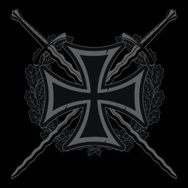 Medieval heraldic emblem design. Iron cross, wreath of oak leaves and two medieval knight crossed Flame-bladed swords