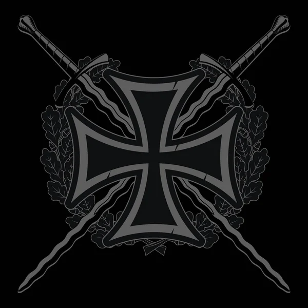 Emblema araldico medievale. Croce di ferro, corona di foglie di quercia e due cavalieri medievali incrociati Spade a lama di fuoco — Vettoriale Stock