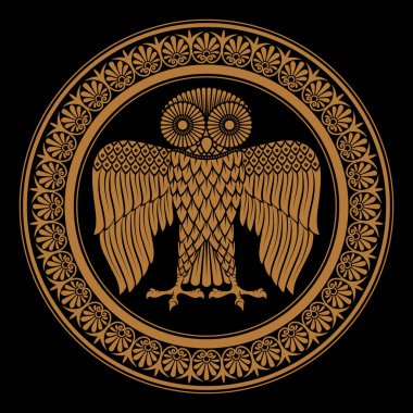 Ancient Greek shield with the image of an Owl and classical Greek floral ornament, vintage illustration