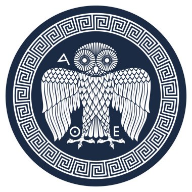 Ancient Greek shield with the image of an Owl and classical Greek meander ornament, vintage illustration