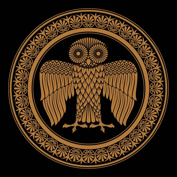 Ancient Greek shield with the image of an Owl and classical Greek floral ornament, vintage illustration — Stok Vektör