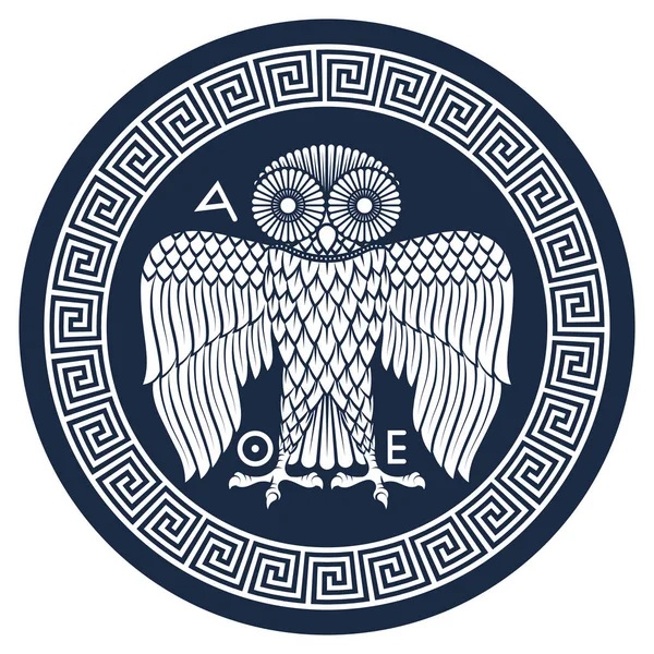 Escudo grego antigo com a imagem de uma coruja e ornamento meandro grego clássico, ilustração vintage — Vetor de Stock