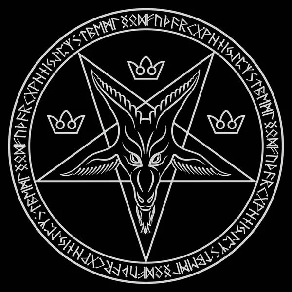 El pentagrama, el signo de Lucifer. La cabeza de una cabra con cuernos en un pentagrama. Sigil de Baphomet — Vector de stock